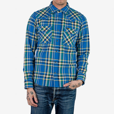 Iron Heart Ultra Heavy Flannel Tartan Check Western Shirt - Blue