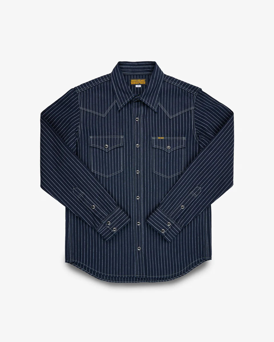 Iron Heart 8.5oz Herringbone Stripe Western Shirt - Indigo