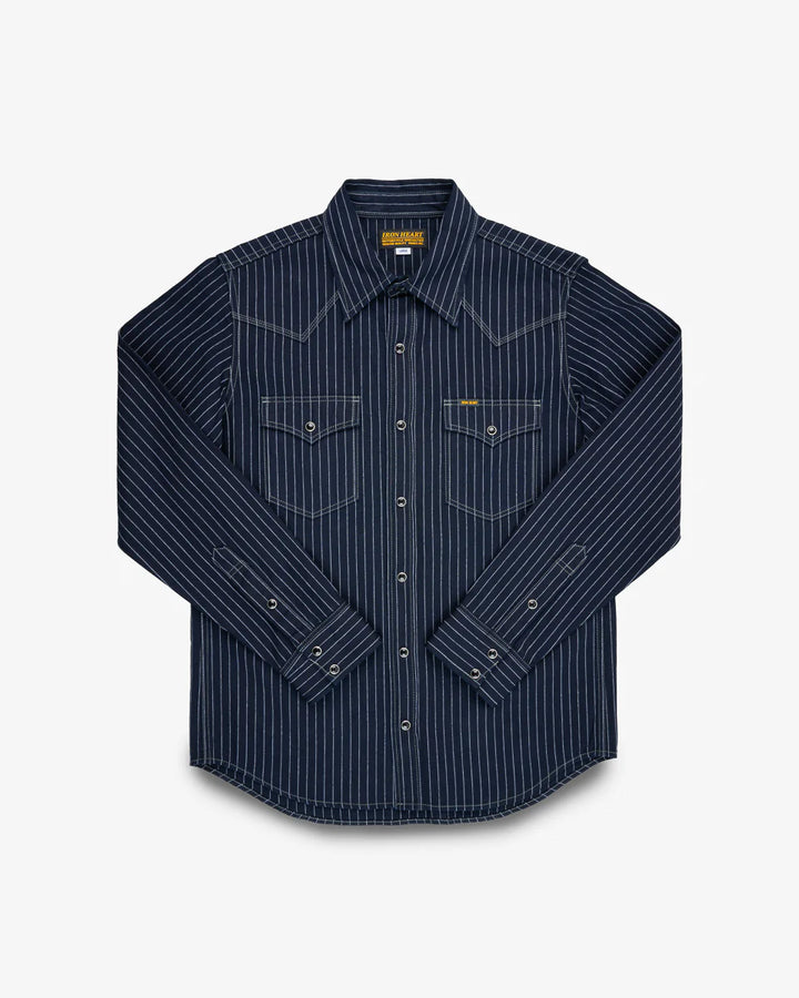 Iron Heart 8.5oz Herringbone Stripe Western Shirt - Indigo
