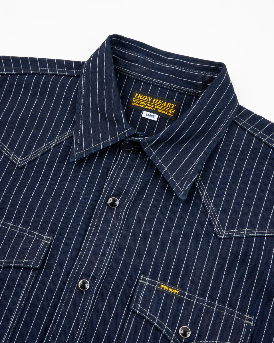 Iron Heart 8.5oz Herringbone Stripe Western Shirt - Indigo