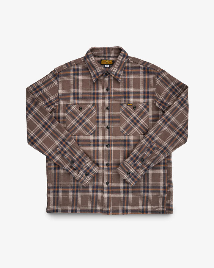 Iron Heart Slubby Heavy Flannel Check Work Overshirt - Brown