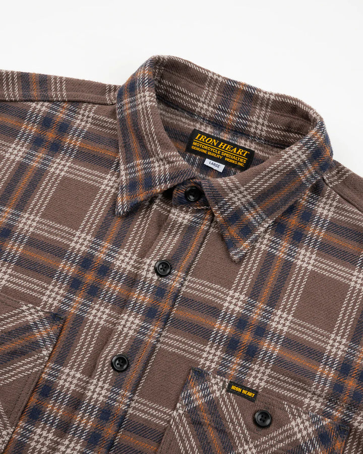 Iron Heart Slubby Heavy Flannel Check Work Overshirt - Brown