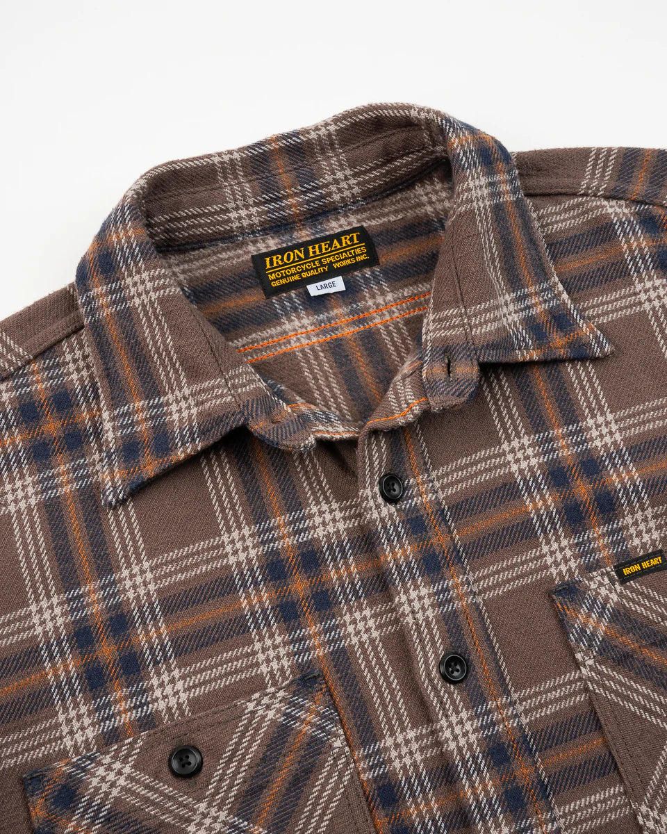 Iron Heart Slubby Heavy Flannel Check Work Overshirt - Brown