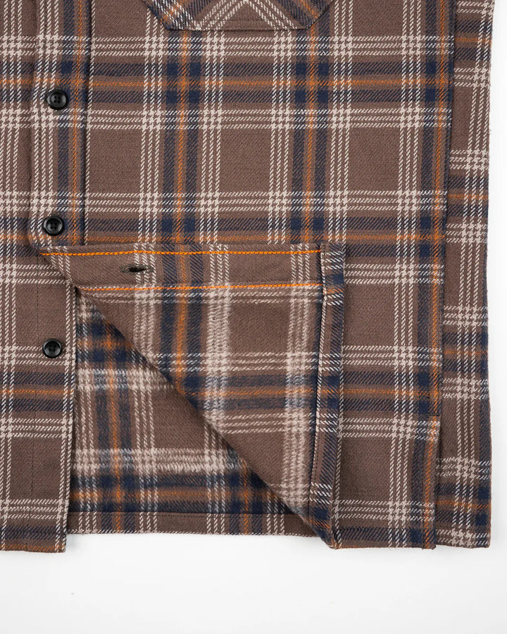 Iron Heart Slubby Heavy Flannel Check Work Overshirt - Brown