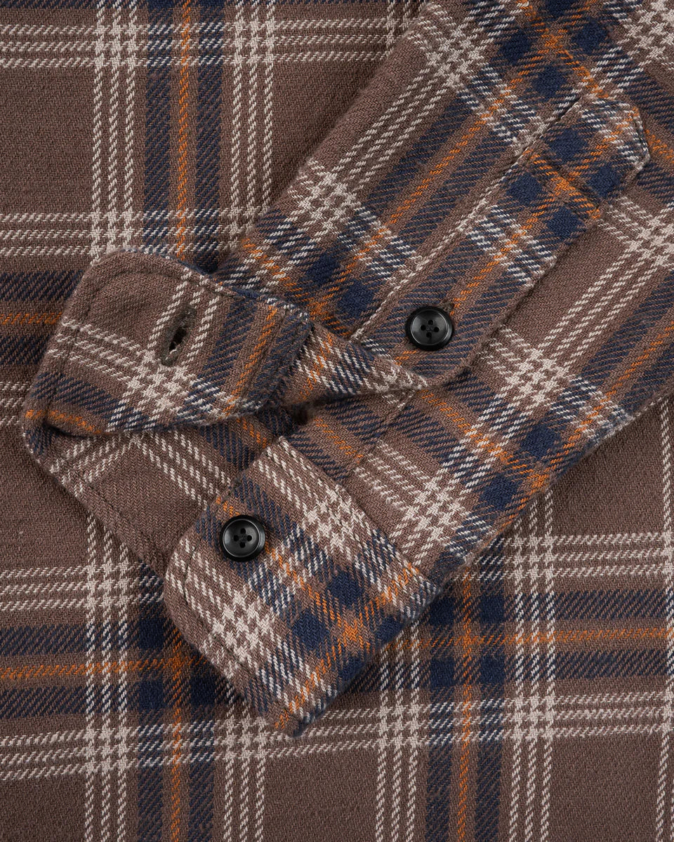 Iron Heart Slubby Heavy Flannel Check Work Overshirt - Brown