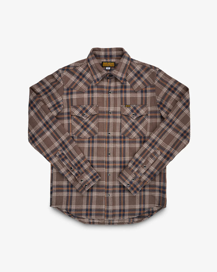 Iron Heart Slubby Heavy Flannel Check Western Shirt - Brown