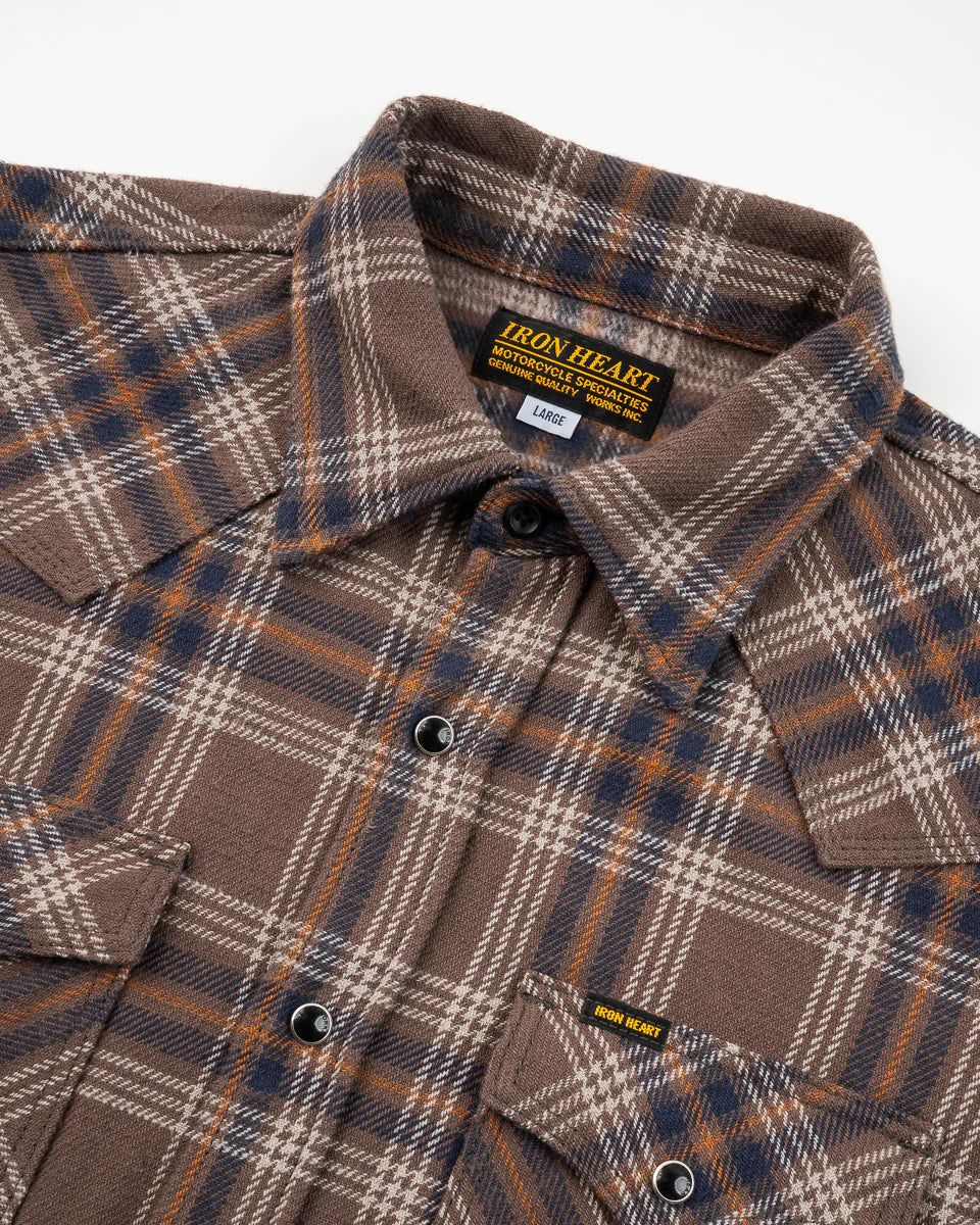 Iron Heart Slubby Heavy Flannel Check Western Shirt - Brown