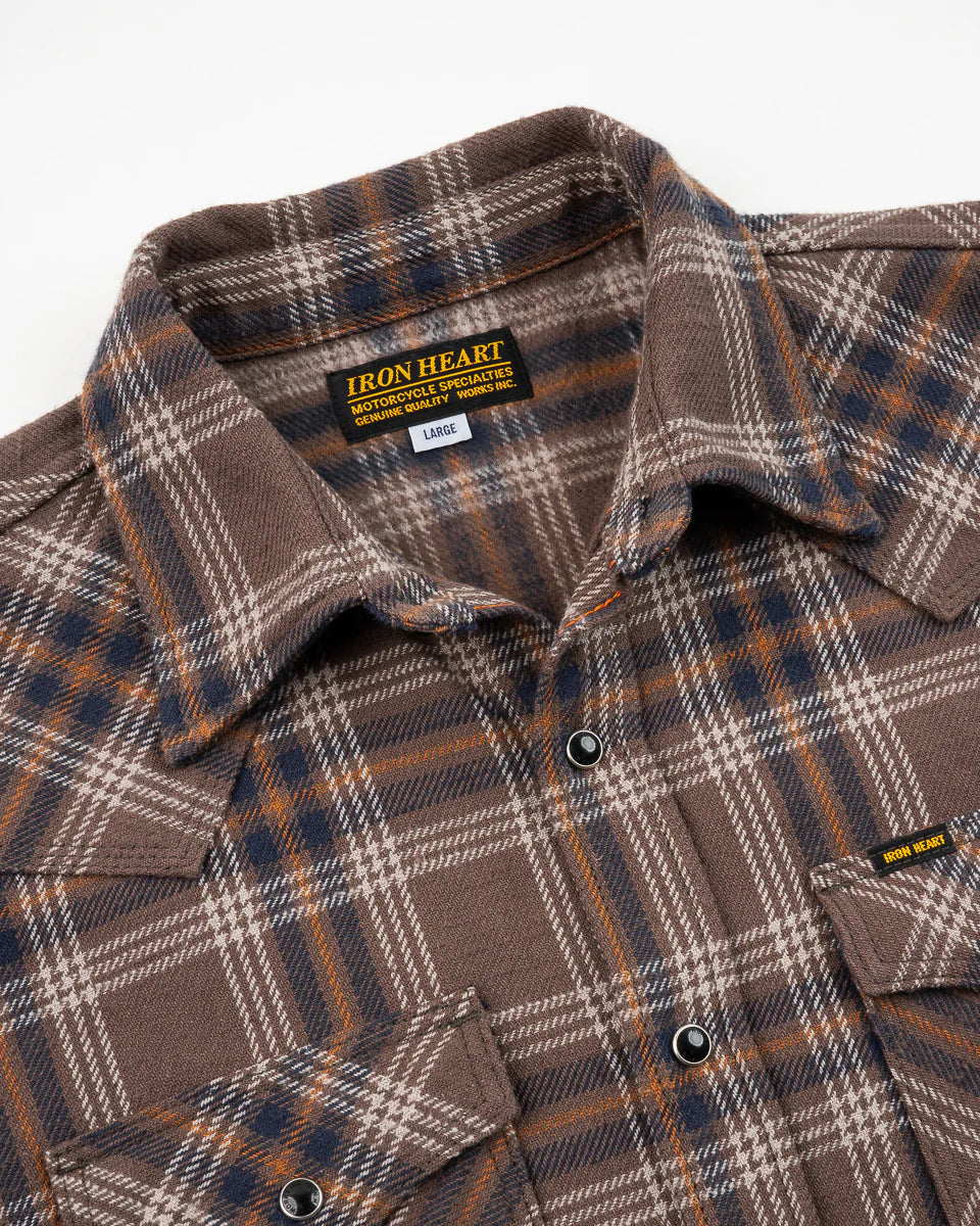 Iron Heart Slubby Heavy Flannel Check Western Shirt - Brown