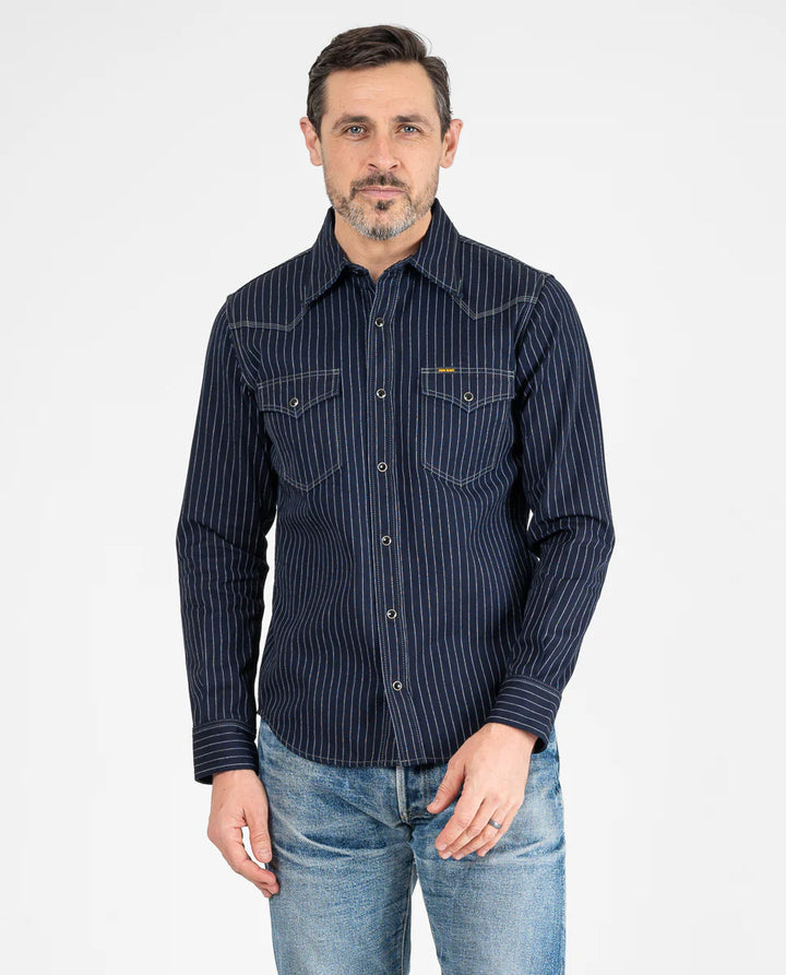 Iron Heart 8.5oz Herringbone Stripe Western Shirt - Indigo
