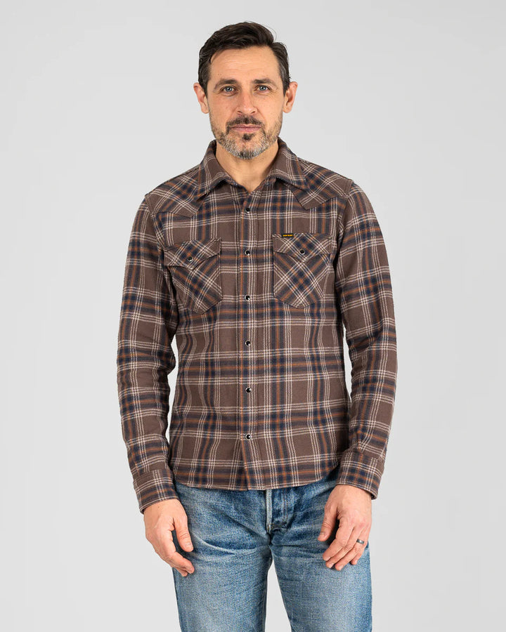 Iron Heart Slubby Heavy Flannel Check Western Shirt - Brown