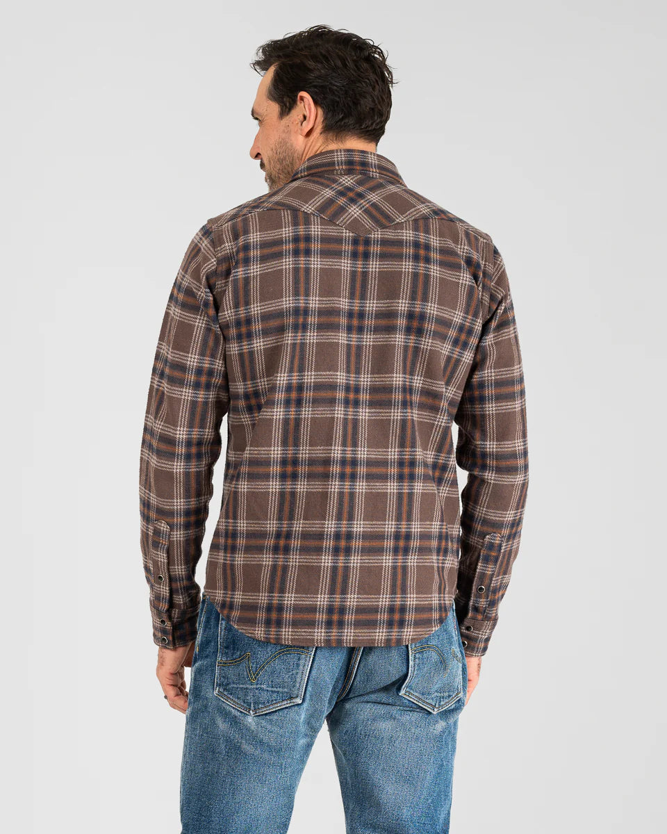 Iron Heart Slubby Heavy Flannel Check Western Shirt - Brown