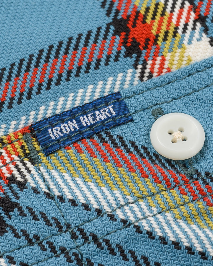 Iron Heart 9oz Selvedge Flannel Check Work Shirt - Sax Blue