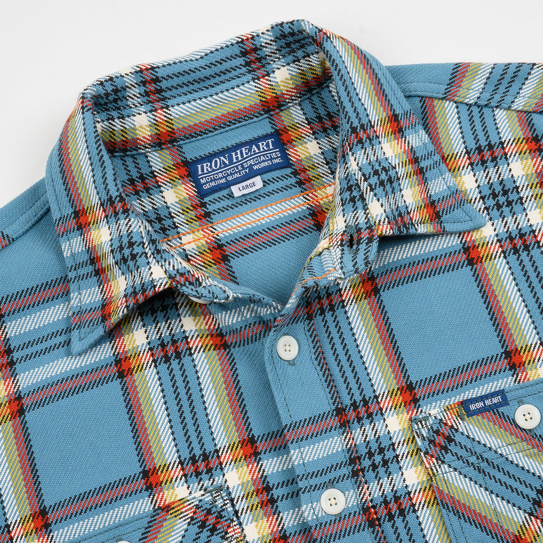 Iron Heart 9oz Selvedge Flannel Check Work Shirt - Sax Blue