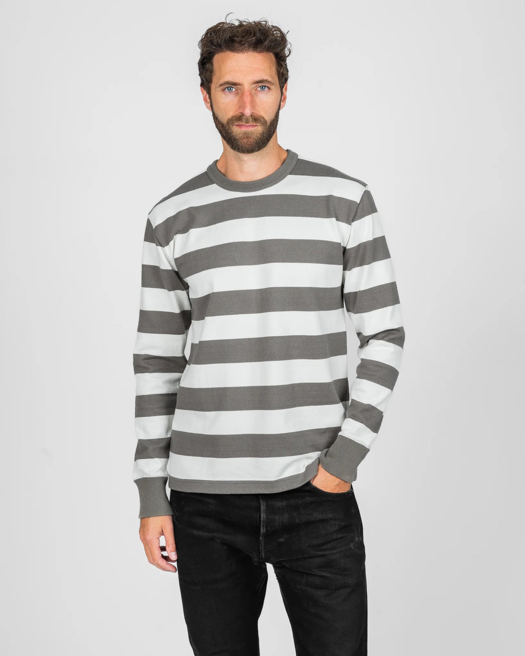 Iron Heart 11oz Cotton Knit Long-Sleeved Sweater - Grey/White