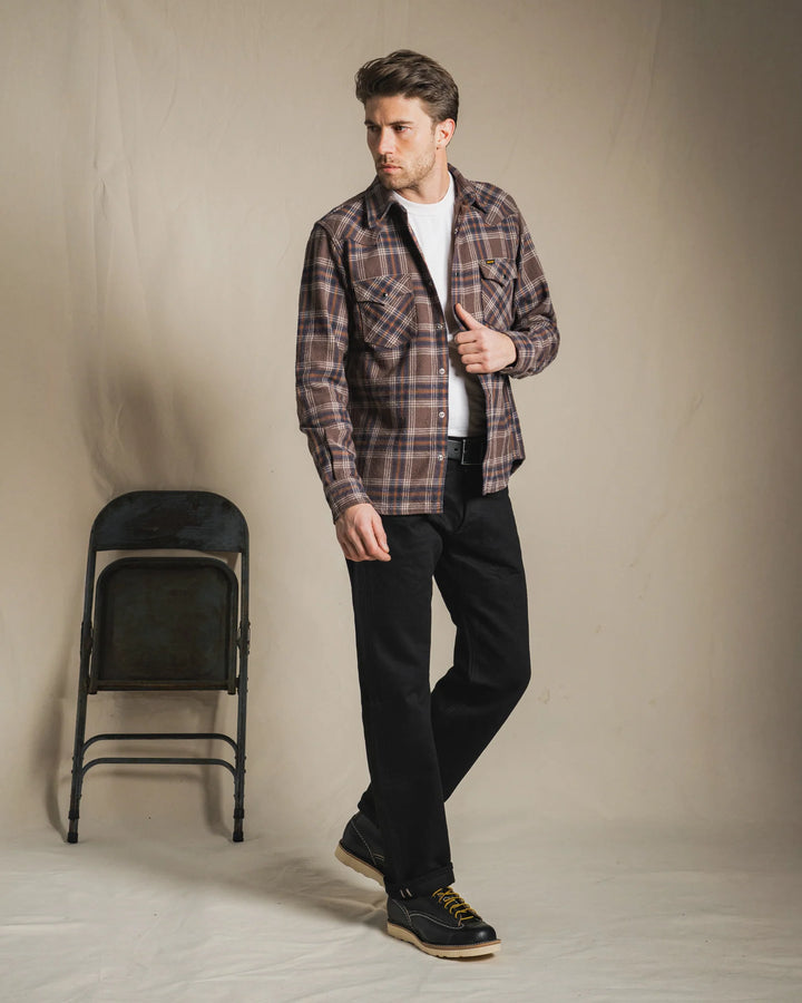 Iron Heart Slubby Heavy Flannel Check Western Shirt - Brown