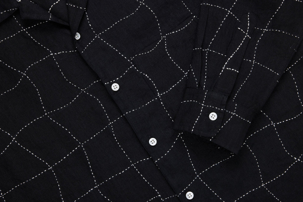 3sixteen Loop Collar Shirt - Black Linen Drunk Chess