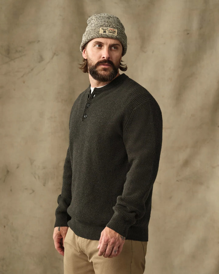 Filson Waffle Knit Merino Wool Henley - Olive Brown Heather