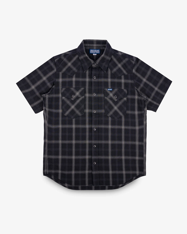 Iron Heart 5oz Selvedge Short Sleeved Madras Check Western Shirt - Black