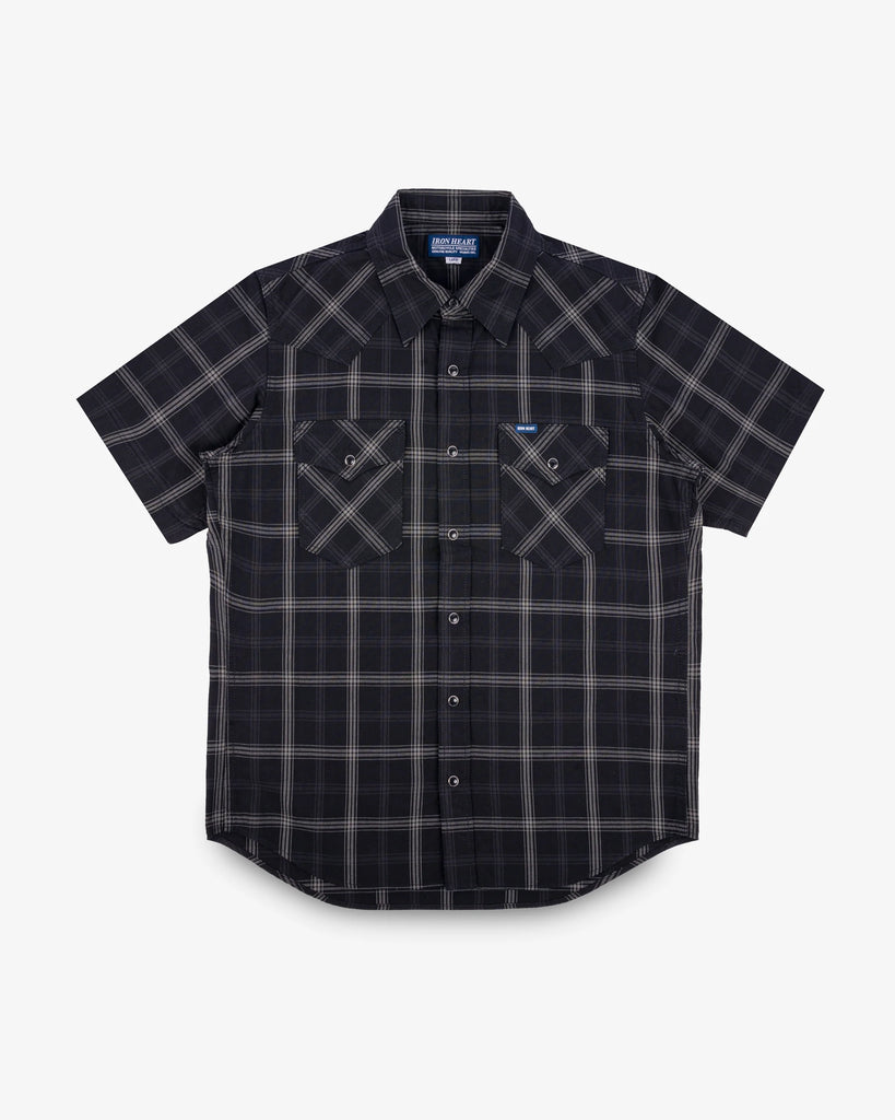 Iron Heart 5oz Selvedge Short Sleeved Madras Check Western Shirt - Black