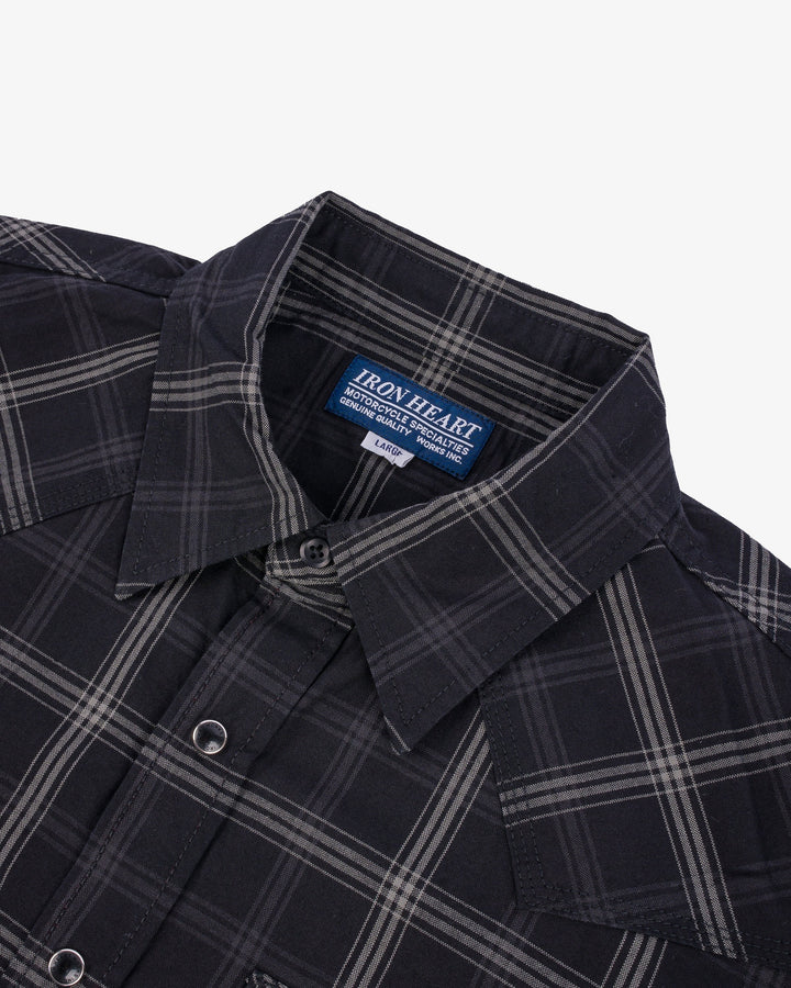 Iron Heart 5oz Selvedge Short Sleeved Madras Check Western Shirt - Black
