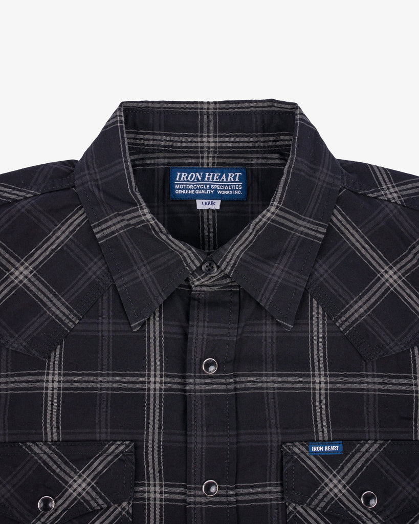 Iron Heart 5oz Selvedge Short Sleeved Madras Check Western Shirt - Black