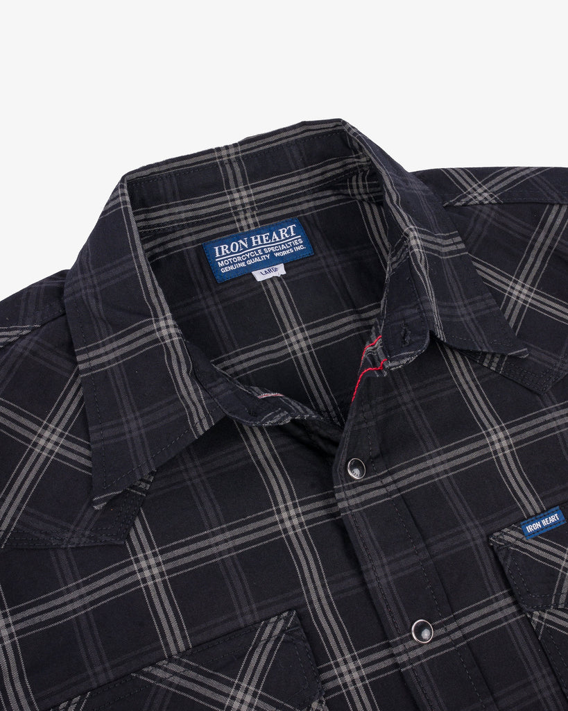 Iron Heart 5oz Selvedge Short Sleeved Madras Check Western Shirt - Black