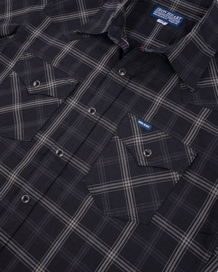 Iron Heart 5oz Selvedge Short Sleeved Madras Check Western Shirt - Black