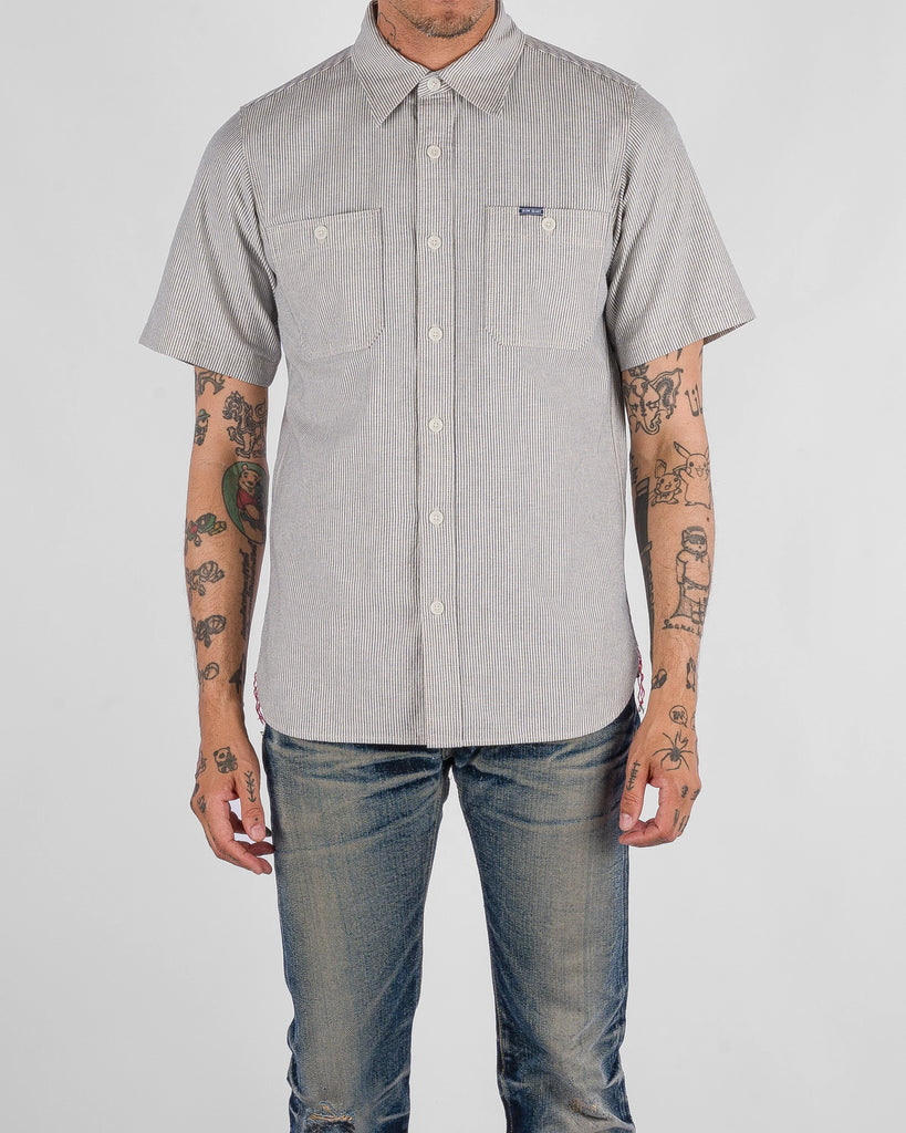 Iron Heart 5oz Selvedge Ox Cloth Short Sleeved Work Shirt - Hickory Stripe