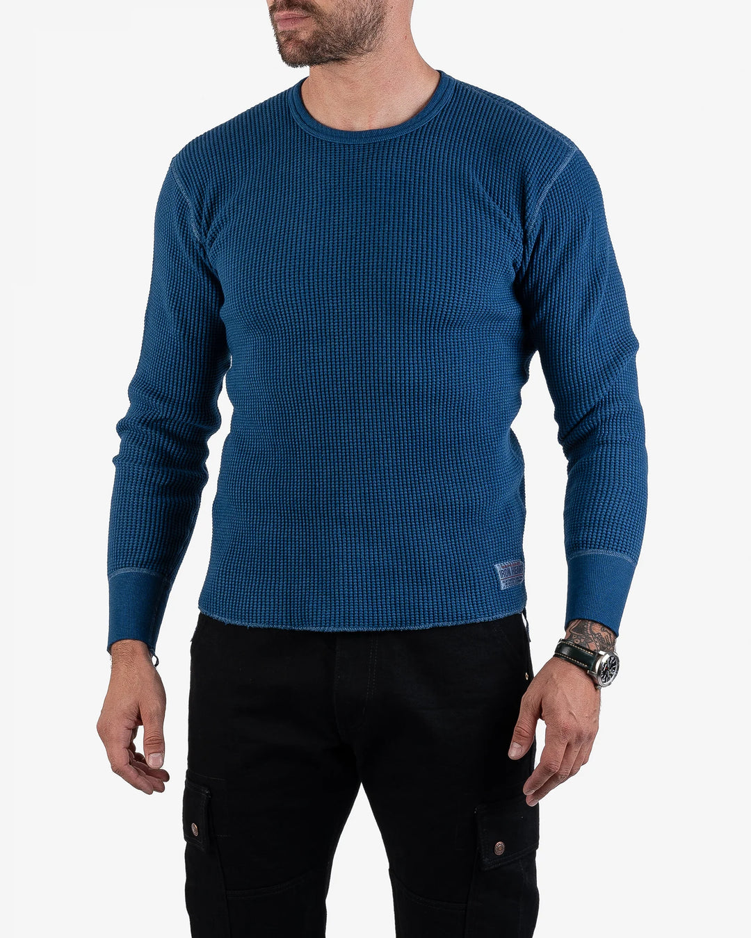 Iron Heart Waffle Knit Long Sleeved Crew Neck Thermal Top - Indigo Dyed