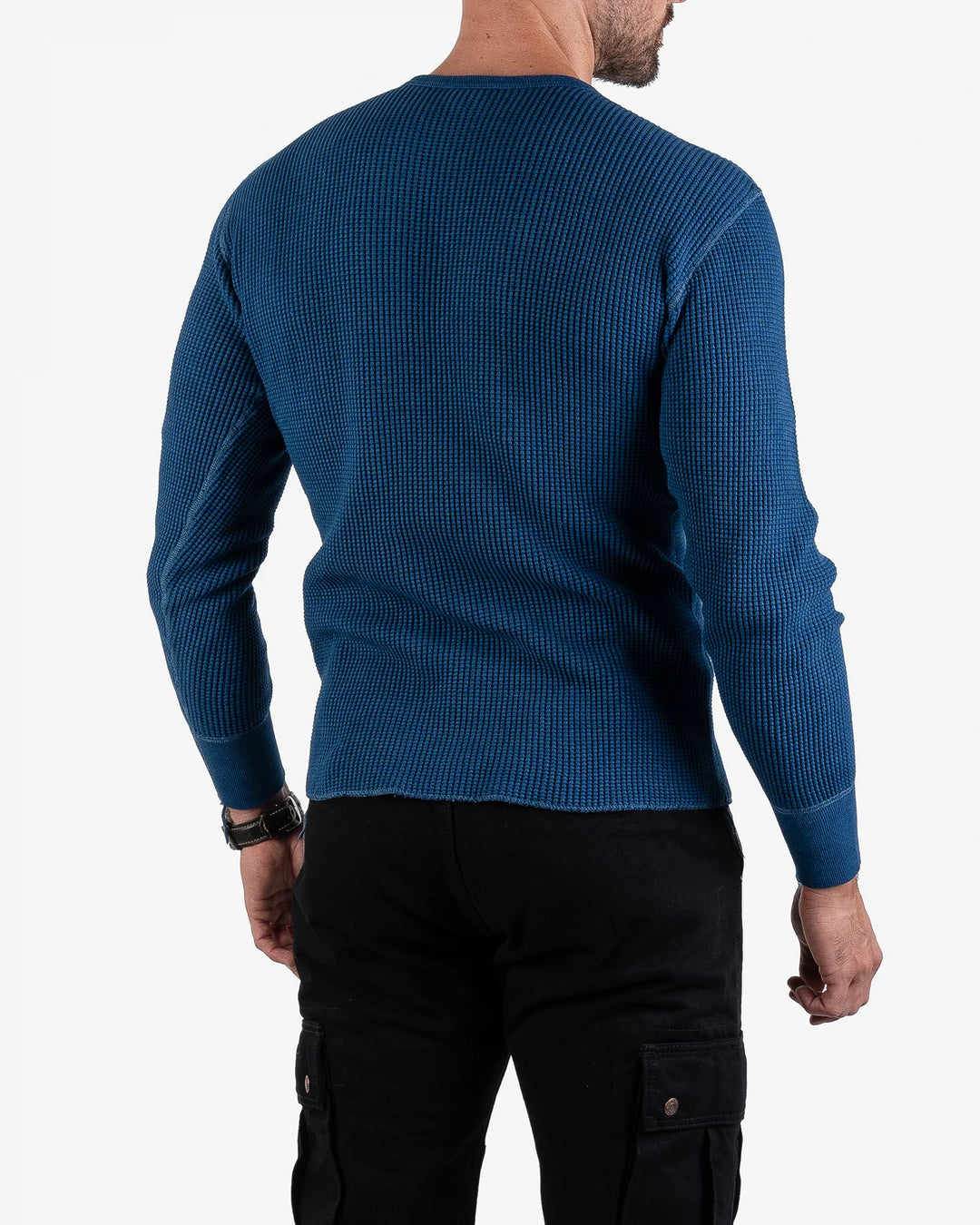 Iron Heart Waffle Knit Long Sleeved Crew Neck Thermal Top - Indigo Dyed