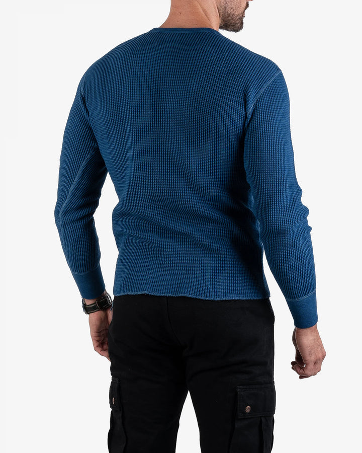 Iron Heart Waffle Knit Long Sleeved Crew Neck Thermal Top - Indigo Dyed