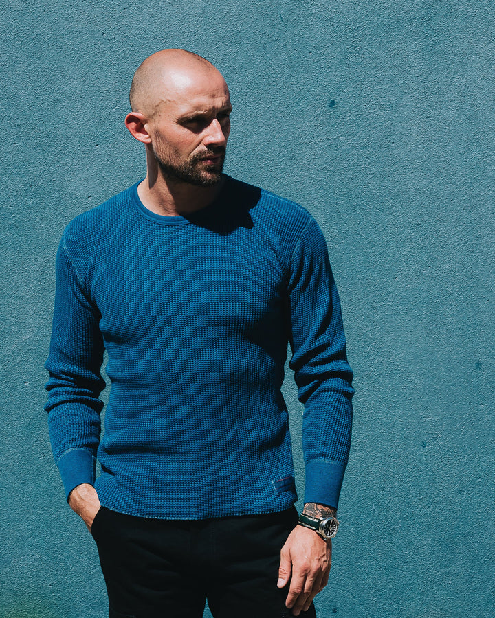 Iron Heart Waffle Knit Long Sleeved Crew Neck Thermal Top - Indigo Dyed