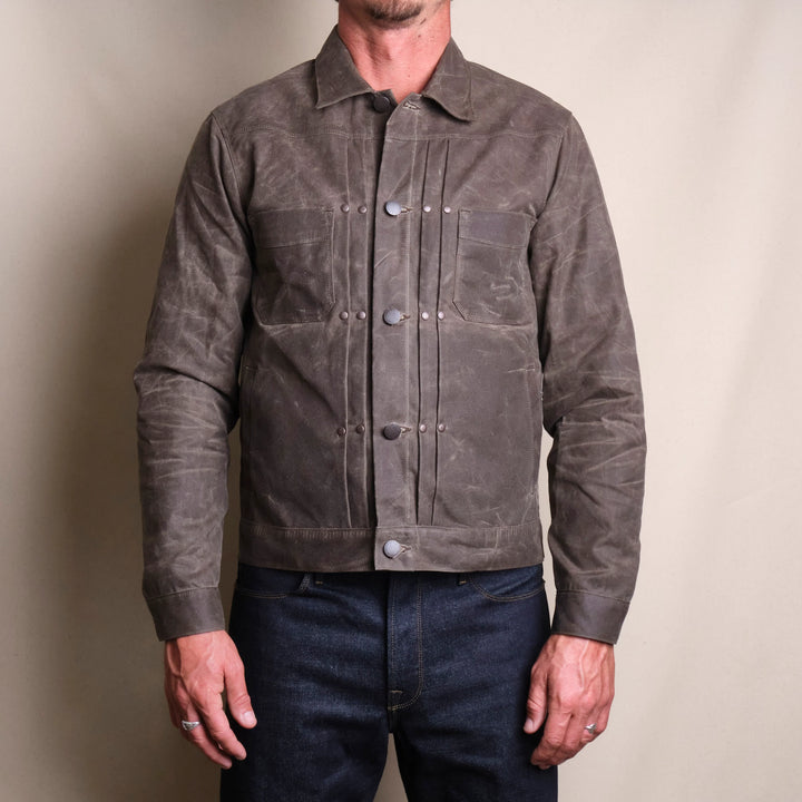 Freenote Cloth Riders Jacket Waxed Canvas - Oak with Red Liner