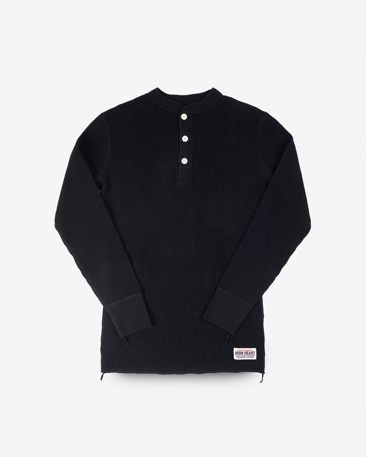Iron Heart - Waffle Knit Long Sleeved Thermal Henley - Black