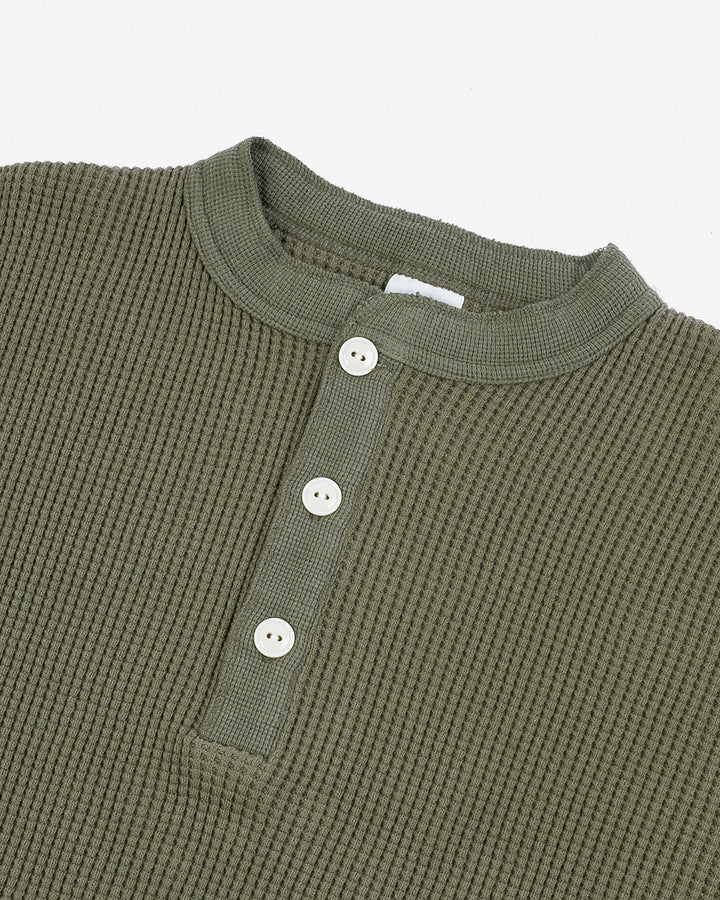 Iron Heart - Waffle Knit Long Sleeved Thermal Henley - Olive