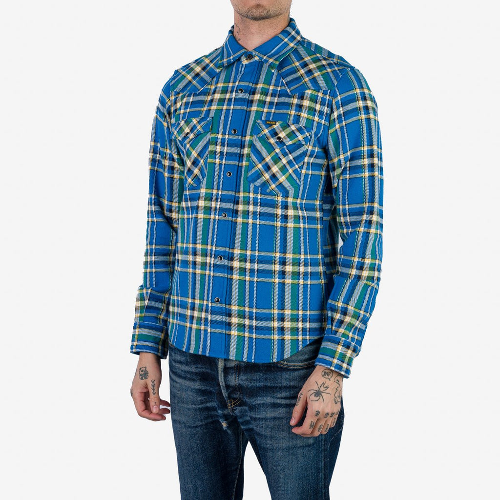 Iron Heart Ultra Heavy Flannel Tartan Check Western Shirt - Blue