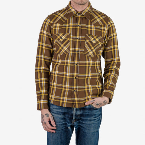 Iron Heart Ultra Heavy Flannel Crazy Check Western Shirt - Brown