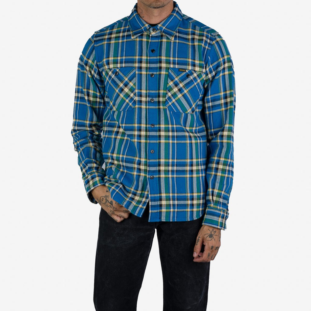 Iron Heart Ultra Heavy Flannel Tartan Check Work Shirt - Blue