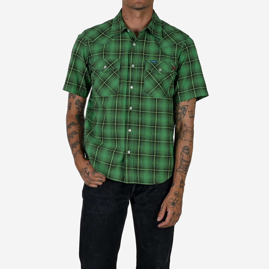 Iron Heart 5oz Selvedge Short Sleeved Western Shirt - Green Vintage Check
