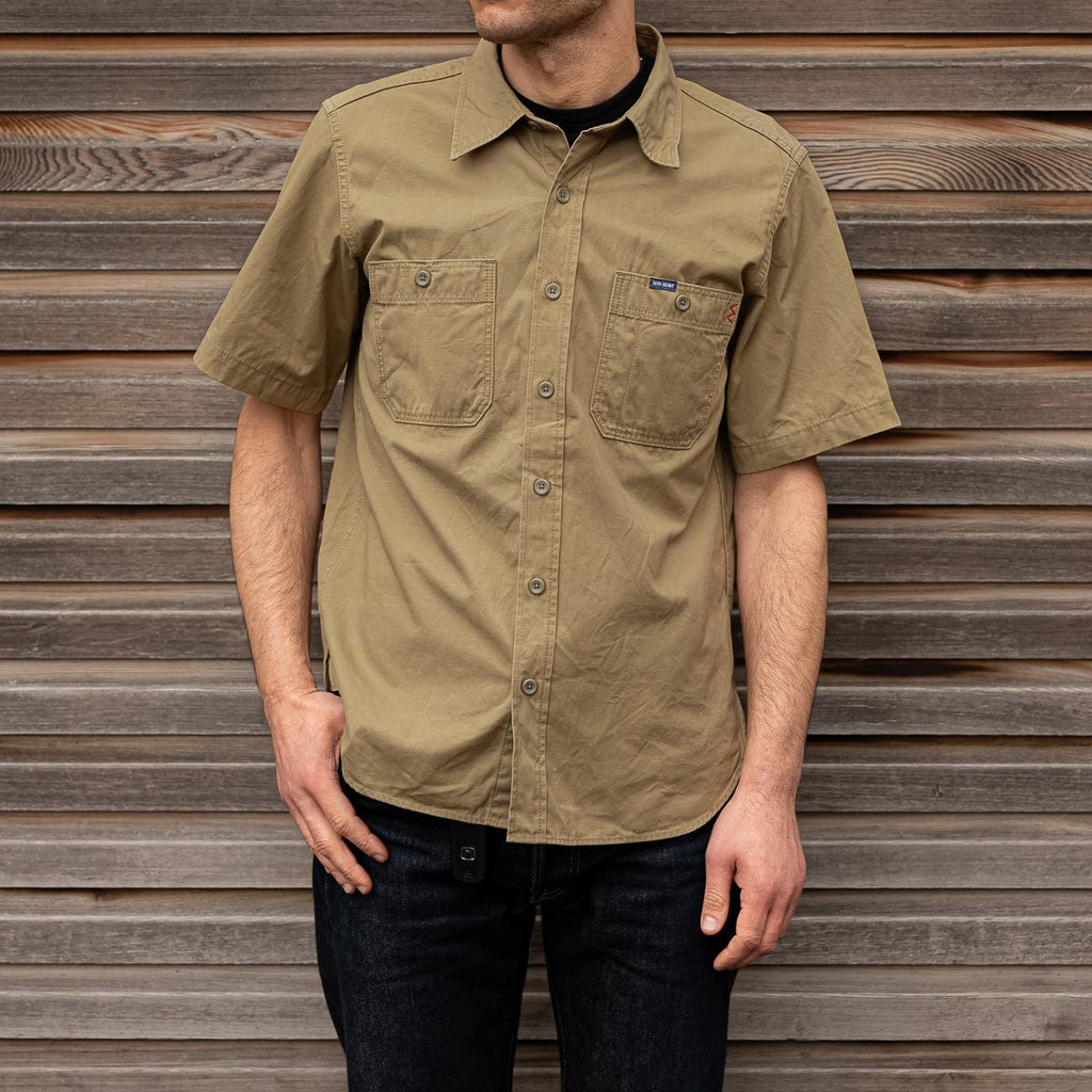 Iron Heart 7oz Fatigue Cloth Short Sleeved Work Shirt - Khaki