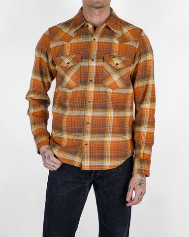 Iron Heart 12oz Slubby Heavy Flannel Check Western Shirt - Orange IHSH-399-ORA