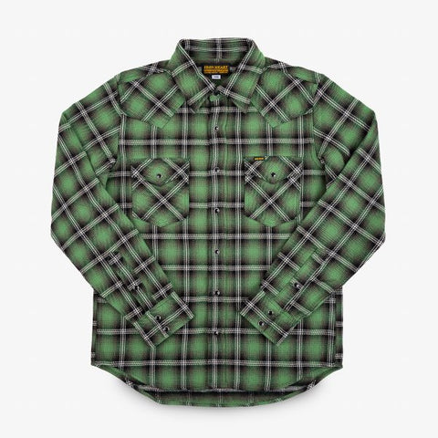 Iron Heart 12oz Ultra Heavy Flannel Check Western Shirt - Green