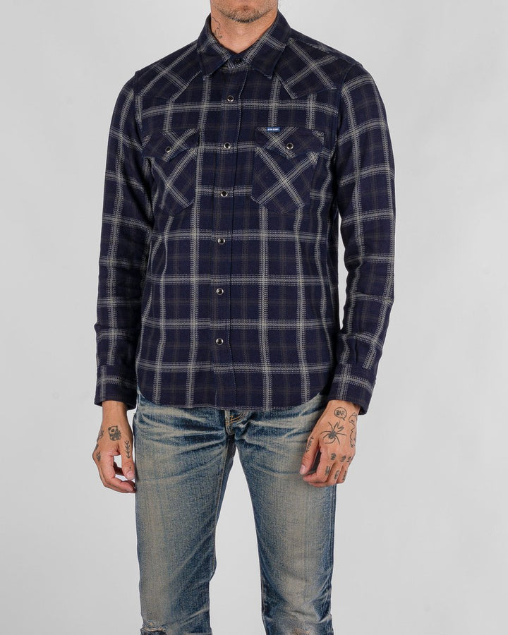 Iron Heart 9oz Selvedge Indigo Check Flannel Western Shirt - Black