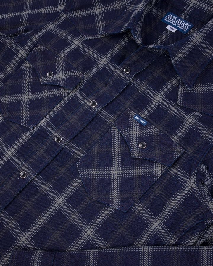 Iron Heart 9oz Selvedge Indigo Check Flannel Western Shirt - Black