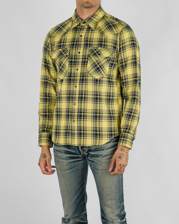 Iron Heart 9oz Selvedge Indigo Check Flannel Western Shirt - Yellow
