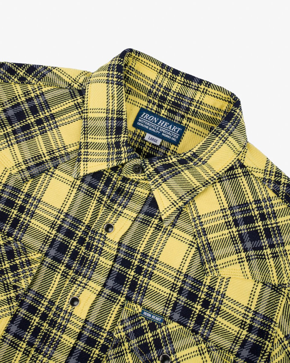 Iron Heart 9oz Selvedge Indigo Check Flannel Western Shirt - Yellow