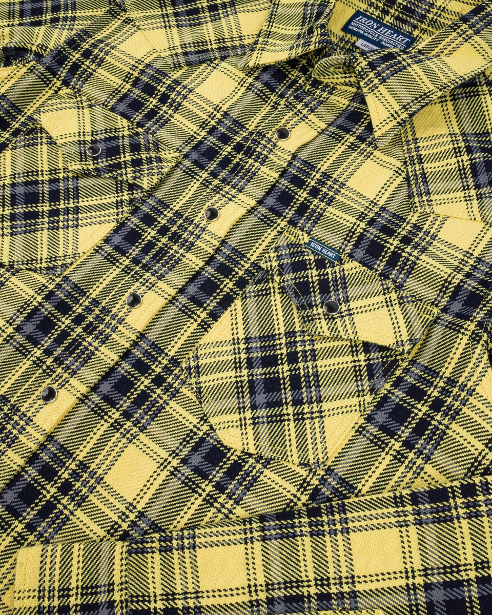 Iron Heart 9oz Selvedge Indigo Check Flannel Western Shirt - Yellow