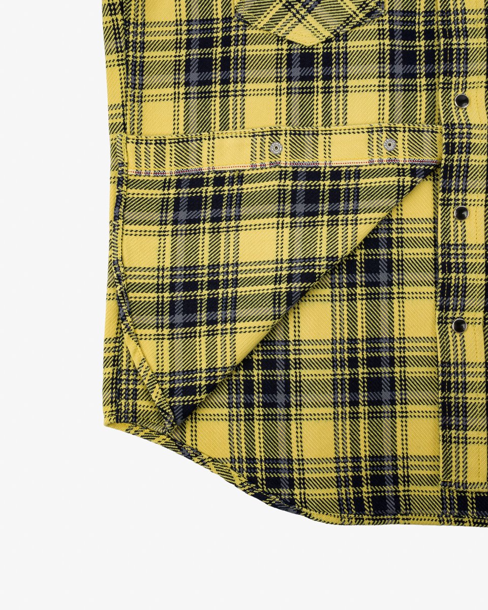 Iron Heart 9oz Selvedge Indigo Check Flannel Western Shirt - Yellow