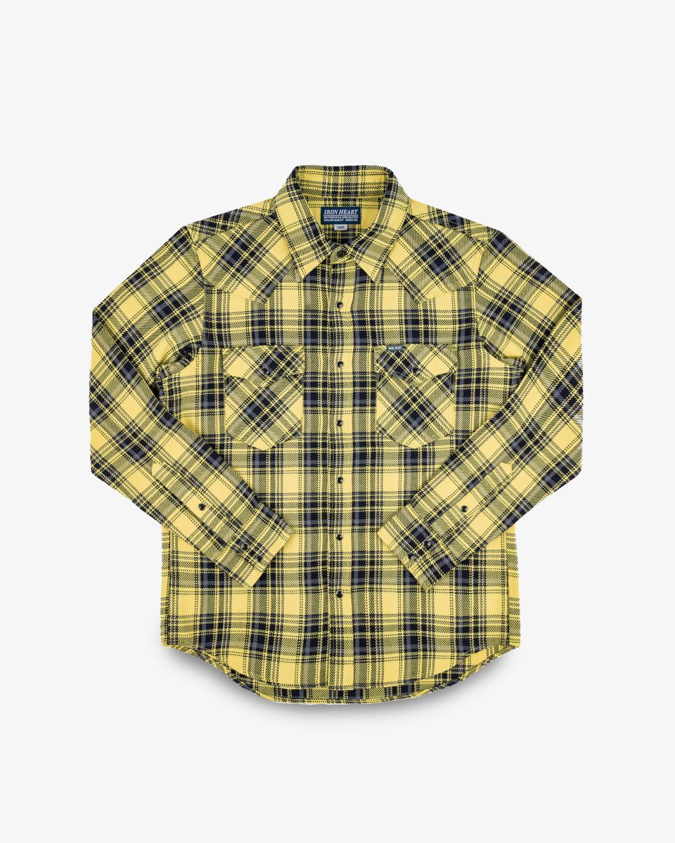 Iron Heart 9oz Selvedge Indigo Check Flannel Western Shirt - Yellow