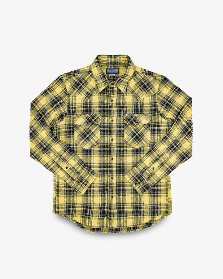 Iron Heart 9oz Selvedge Indigo Check Flannel Western Shirt - Yellow